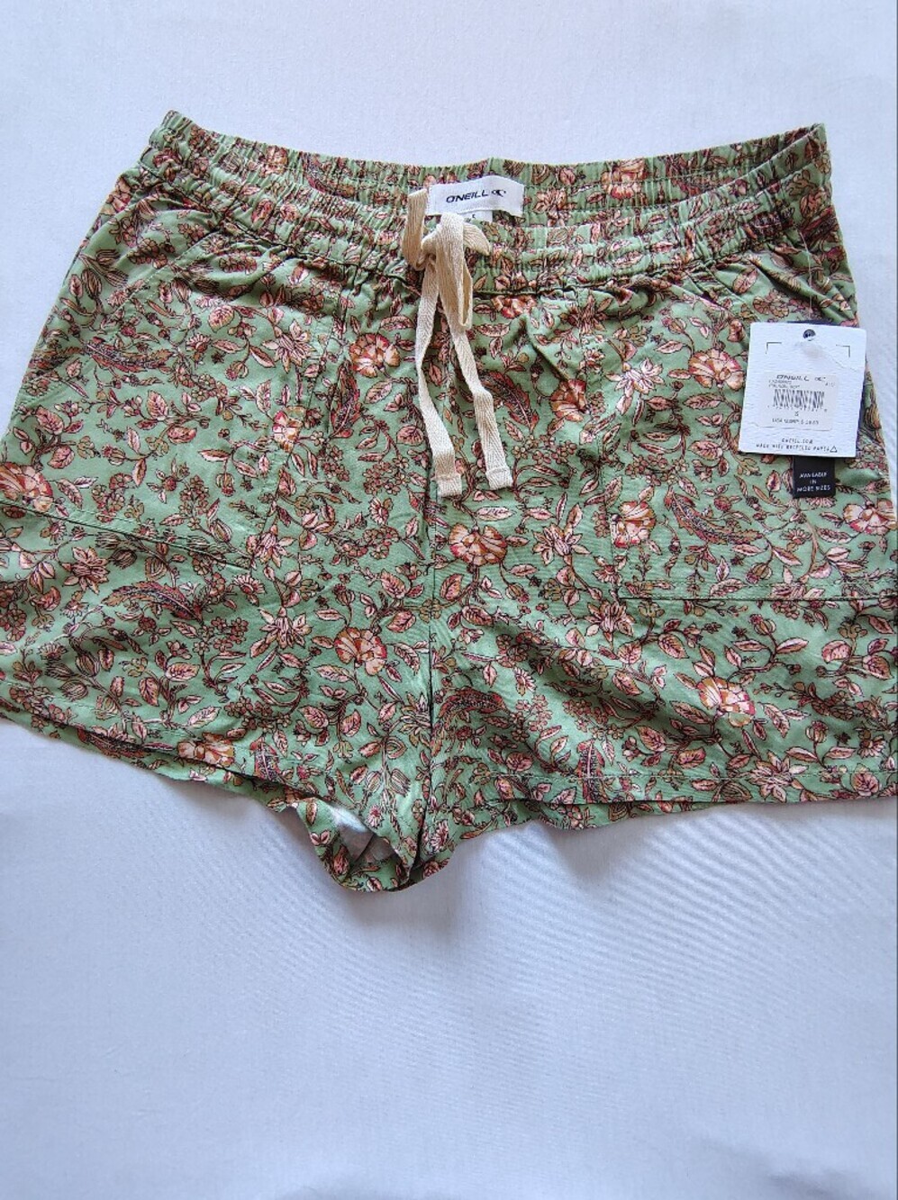 O'Neill Green Floral Drawstring Shorts with Pink & Cream Blossoms Size S